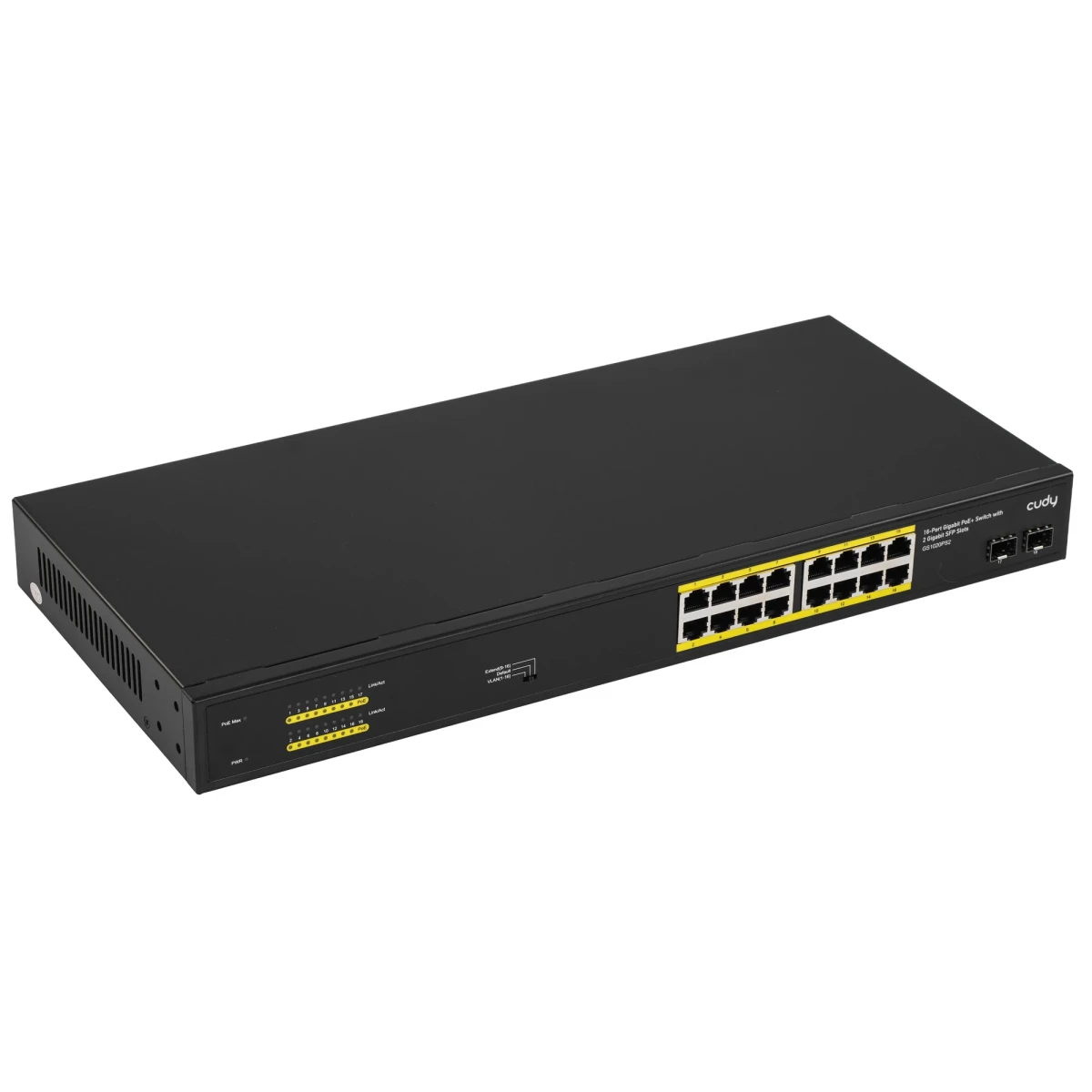 Коммутатор poe Cudy GS1020PS2 портов-16, неуправляемый, 1000 Мбит/сек, 100 Мбит/сек, SFPx2, PoE, бюджет PoE 200 Вт